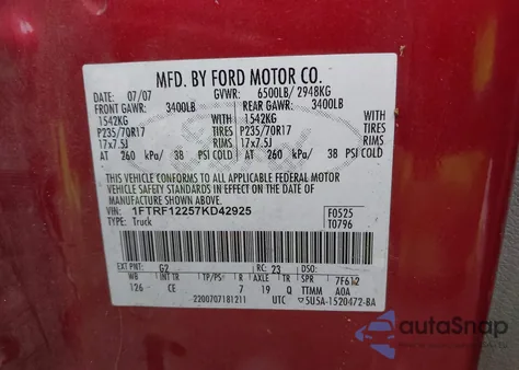 2007 Ford F-150 Stx/Xl/Xlt из США, поврежденный, VIN 1FTRF12257KD42925